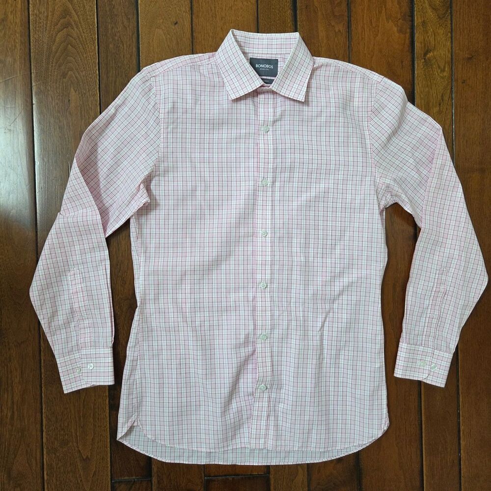 Bonobos Men's Wrinkle-Free Dress Shirt Check Tailored Slim Fit Size 16/35 Pink